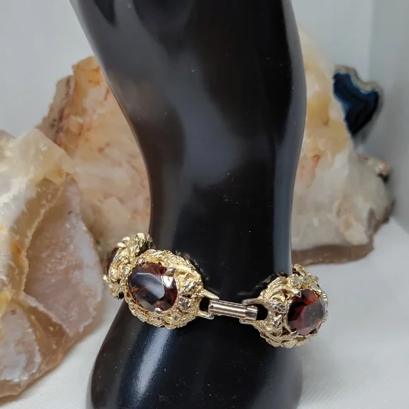 Art Deco Czech Glass Elegant Gold Gilt Women's Bracelet - Picture 7 of 10